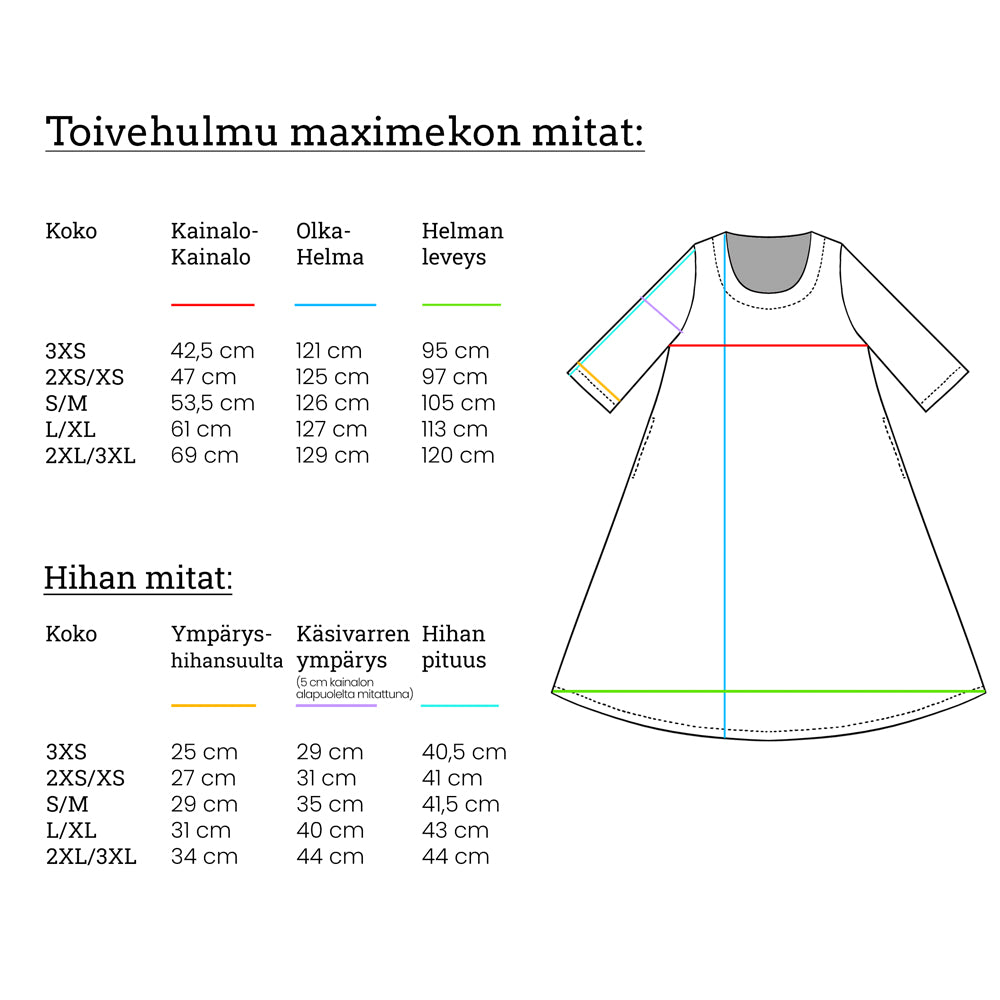 Virkkukoukkusen Toivehulmu trikoomekon mittataulukko jonka avulla on helppoa löytää oma koko