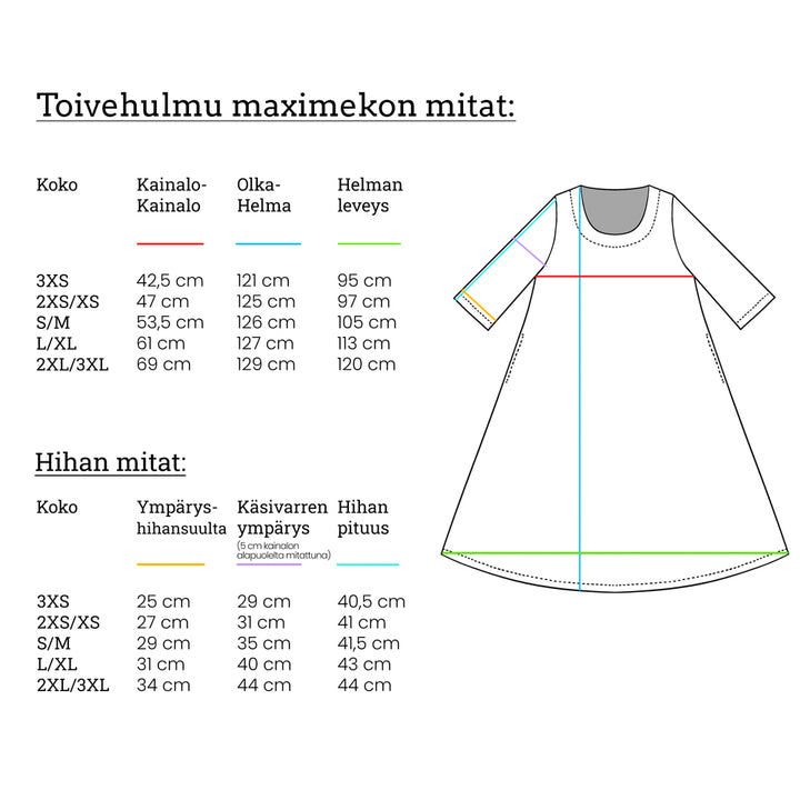 Virkkukoukkusen Toivehulmu trikoomekon mittataulukko jonka avulla on helppoa löytää oma koko