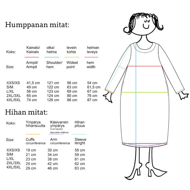 Virkkukoukkusen Humppana collegemekon mittataulukko jonka avulla on helppoa löytää oma koko