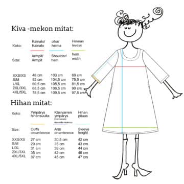 Virkkukoukkusen vaatteista on aina tehty mittakuva, josta on helppo löytää oma koko. Tässä kuvassa Kiva trikoomekon mittakuva.