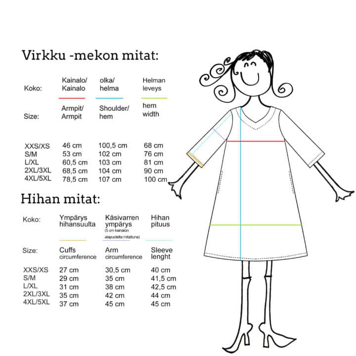 Virkkukoukkusen Virkku trikoomekon mittataulukko jonka avulla on helppoa löytää oma koko